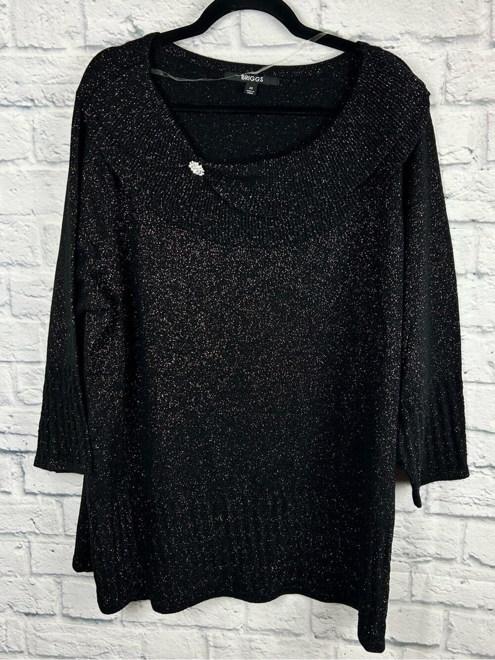 Briggs 2X Black Metallic Knit Sweater Rhinestone Brooch Drape Neck Plus Size